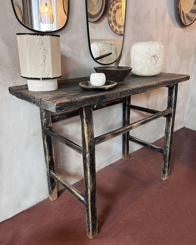 Old elm console table with black lacquer - unique piece