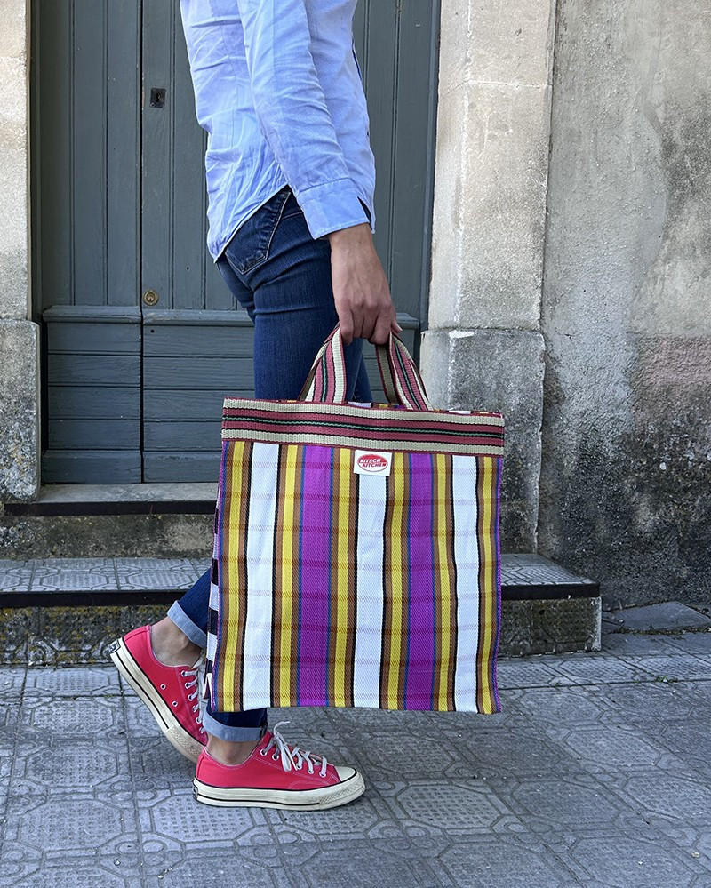 Sac shopping Stripes Rose en plastique recyclé - fait main