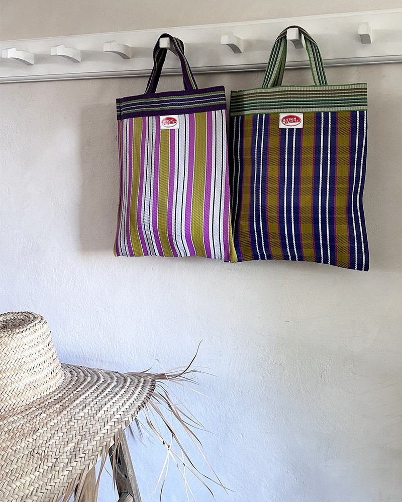 Recycled plastic Pink & Blue Stripes little shopping bag - handmade