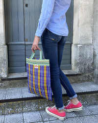 Recycled plastic Pink & Blue Stripes little shopping bag - handmade