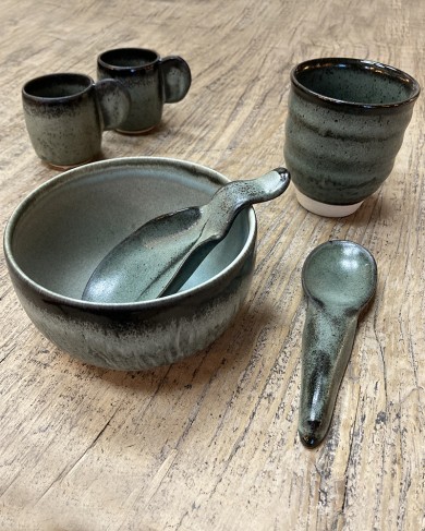 Coal Glazed Sandstone Cup & Spoon