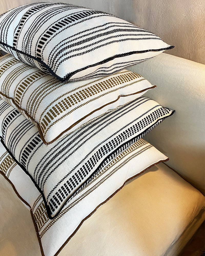 Rectangular Cyclades Embroidered Canvas Cushion in Linen by Maison de Vacances