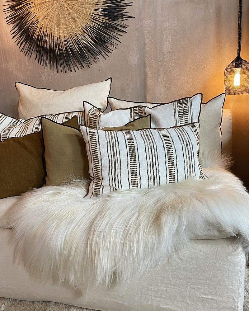 Rectangular Cyclades Embroidered Canvas Cushion in Linen by Maison de Vacances