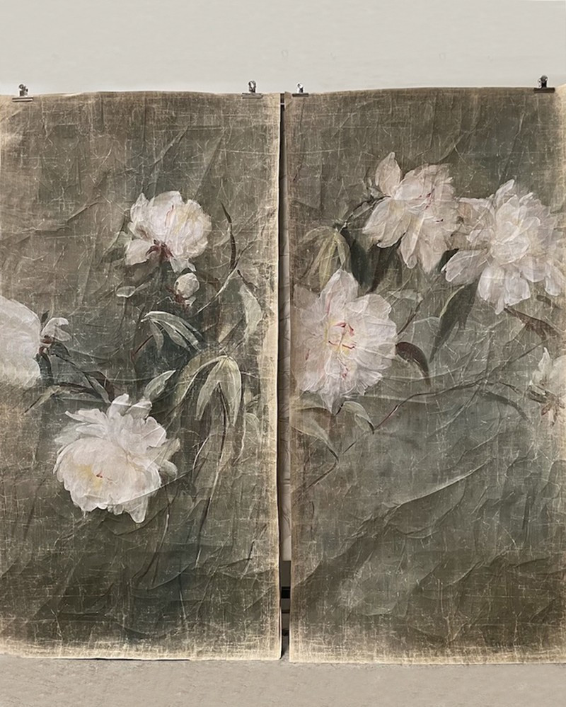 Creased Paper Panel White Peonies