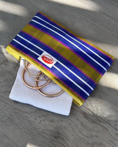 Recycled plastic Blue Stripes pouch - handmade
