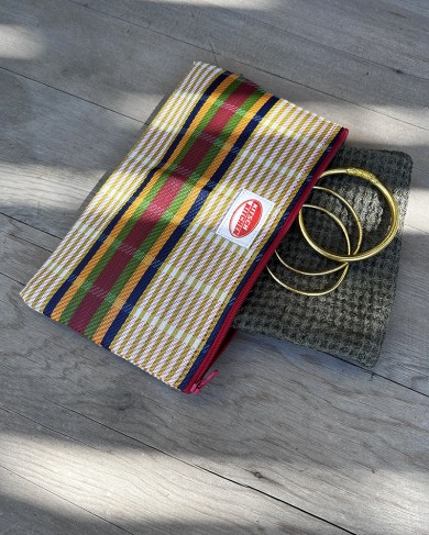 Recycled plastic Beige Stripes pouch - handmade
